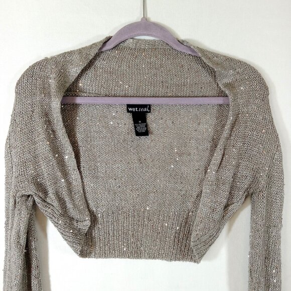 Wet Seal Long Sleeve Sequin Open Front Cropped Cardigan Women's Medium Silver - Picture 2 of 8
